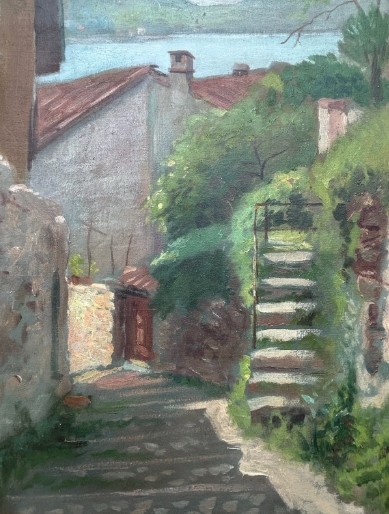 Oscar Perlasca Signed Original early 20th Century Antique Oil Painting on Canvas Vico Morcote Ticino Switzerland Swiss Landscape View VI