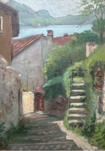 Oscar Perlasca Signed Original early 20th Century Antique Oil Painting on Canvas Vico Morcote Ticino Switzerland Swiss Landscape View VII