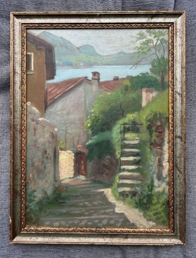 Oscar Perlasca Signed Original early 20th Century Antique Oil Painting on Canvas Vico Morcote Ticino Switzerland Swiss Landscape View VIII