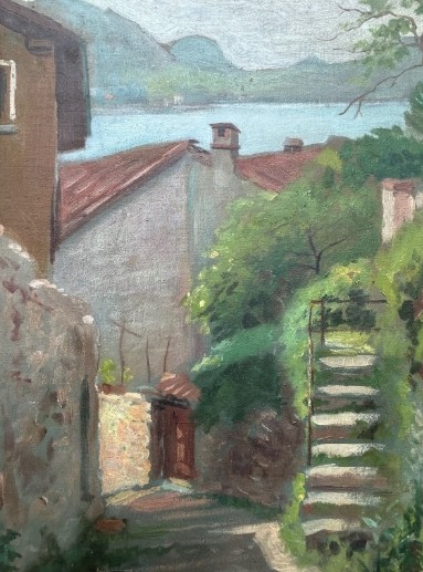 Oscar Perlasca Signed Original early 20th Century Antique Oil Painting on Canvas Vico Morcote Ticino Switzerland Swiss Landscape View IX