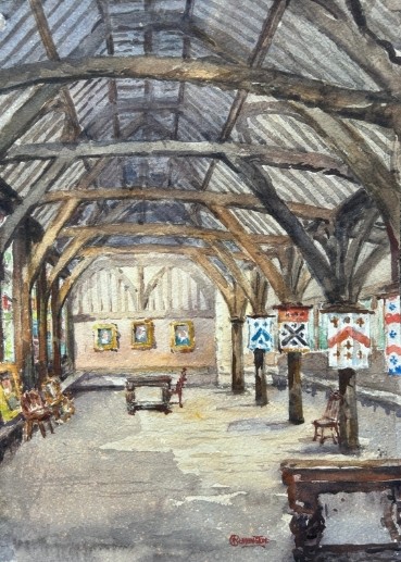 An early 20th-century original watercolour painting depicting the timber-framed interior roof structure and heraldic banners of the Merchant Adventurers Hall in York, signed by George Pennington.