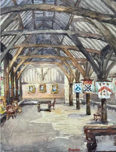 An early 20th-century original watercolour painting depicting the timber-framed interior roof structure and heraldic banners of the Merchant Adventurers Hall in York, signed by George Pennington. View II