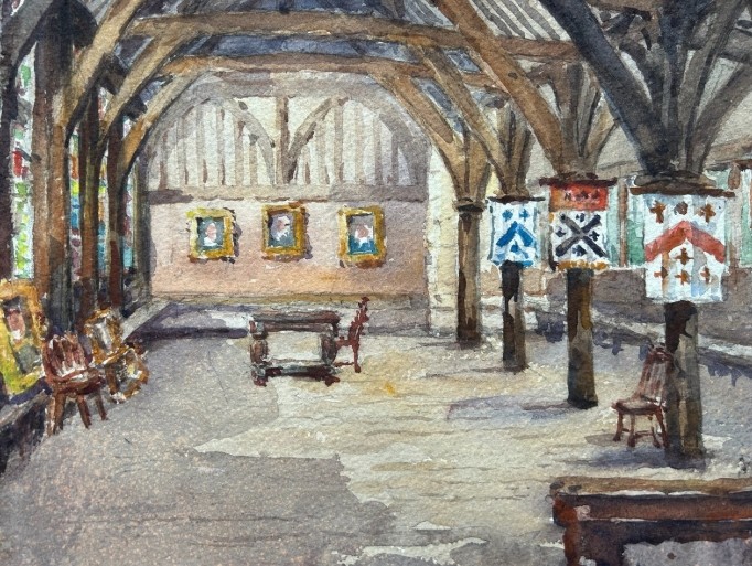 An early 20th-century original watercolour painting depicting the timber-framed interior roof structure and heraldic banners of the Merchant Adventurers Hall in York, signed by George Pennington. View IV