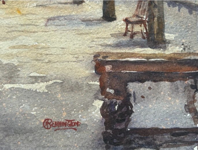 An early 20th-century original watercolour painting depicting the timber-framed interior roof structure and heraldic banners of the Merchant Adventurers Hall in York, signed by George Pennington. View VI