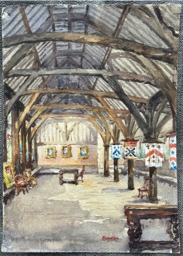 An early 20th-century original watercolour painting depicting the timber-framed interior roof structure and heraldic banners of the Merchant Adventurers Hall in York, signed by George Pennington. View VIII