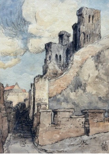 An early 20th-century watercolour painting depicting the stone ruins of Scarborough Castle atop a hill against a cloudy sky, with a monogram signature in the lower right corner.