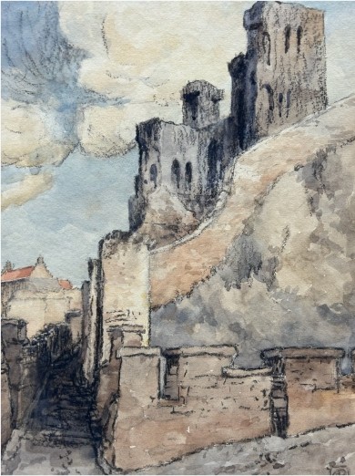 An early 20th-century watercolour painting depicting the stone ruins of Scarborough Castle atop a hill against a cloudy sky, with a monogram signature in the lower right corner. View III