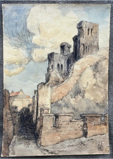 An early 20th-century watercolour painting depicting the stone ruins of Scarborough Castle atop a hill against a cloudy sky, with a monogram signature in the lower right corner. View V