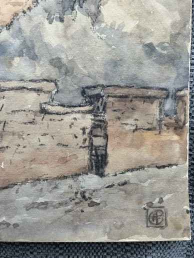An early 20th-century watercolour painting depicting the stone ruins of Scarborough Castle atop a hill against a cloudy sky, with a monogram signature in the lower right corner. View VI