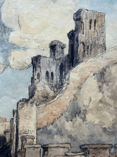 An early 20th-century watercolour painting depicting the stone ruins of Scarborough Castle atop a hill against a cloudy sky, with a monogram signature in the lower right corner. View VII