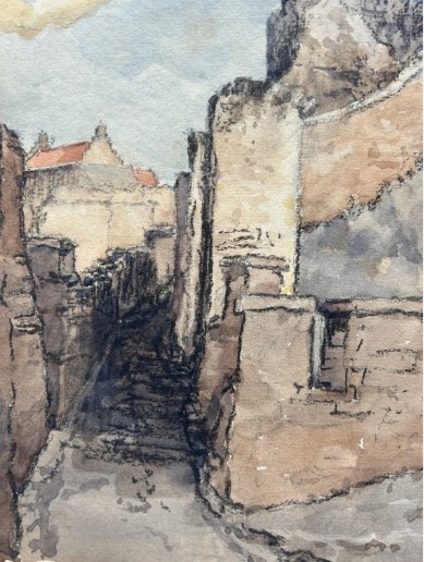 An early 20th-century watercolour painting depicting the stone ruins of Scarborough Castle atop a hill against a cloudy sky, with a monogram signature in the lower right corner. View VIII