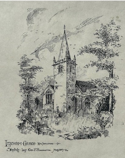 A late 19th-century monochrome pen and ink drawing depicting Ledsham Church surrounded by trees and gravestones with handwritten text at the bottom.
