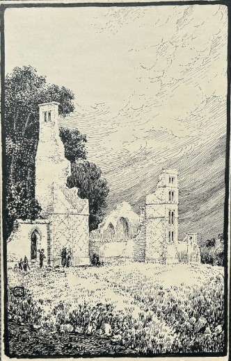 An early twentieth-century black ink drawing on cream card depicting ruined castle structures surrounded by foliage and trees.