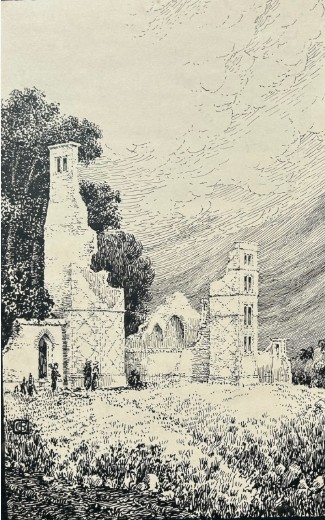 An early twentieth-century black ink drawing on cream card depicting ruined castle structures surrounded by foliage and trees. View II