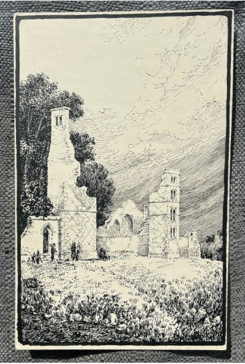 An early twentieth-century black ink drawing on cream card depicting ruined castle structures surrounded by foliage and trees. View IV