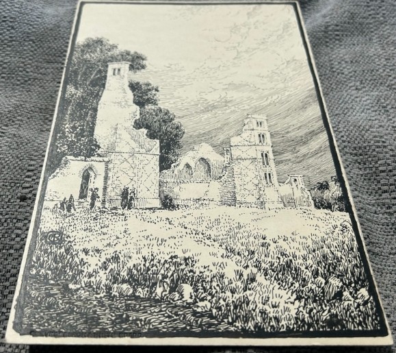 An early twentieth-century black ink drawing on cream card depicting ruined castle structures surrounded by foliage and trees. View VI