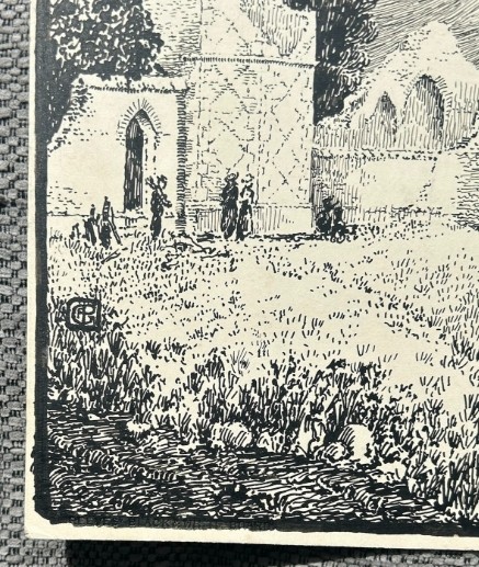 An early twentieth-century black ink drawing on cream card depicting ruined castle structures surrounded by foliage and trees. View VII