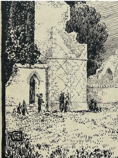 An early twentieth-century black ink drawing on cream card depicting ruined castle structures surrounded by foliage and trees. View VIII