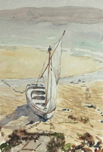 An early twentieth-century watercolour painting depicting a small wooden sailboat resting on a sandy shore beside water.