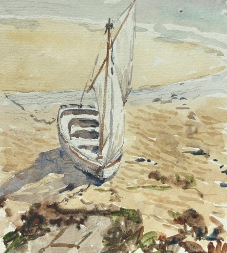 An early twentieth-century watercolour painting depicting a small wooden sailboat resting on a sandy shore beside water. View VI