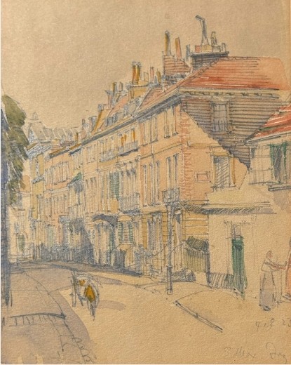 An architectural watercolour painting on beige paper depicting a curving street lined with multi-storey brick and timber buildings, rendered in muted ochre and grey tones.