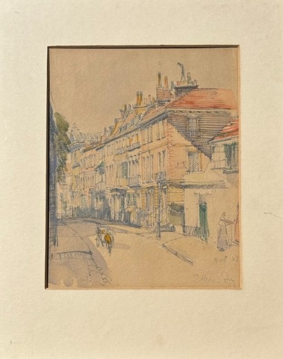 An architectural watercolour painting on beige paper depicting a curving street lined with multi-storey brick and timber buildings, rendered in muted ochre and grey tones. View II