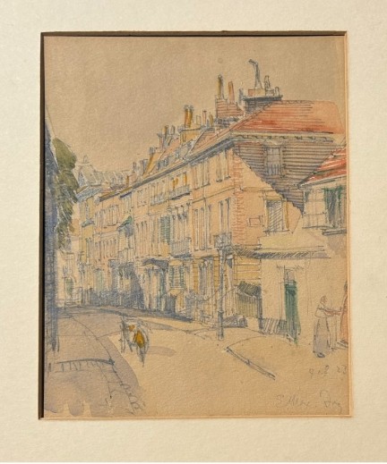 An architectural watercolour painting on beige paper depicting a curving street lined with multi-storey brick and timber buildings, rendered in muted ochre and grey tones. View III