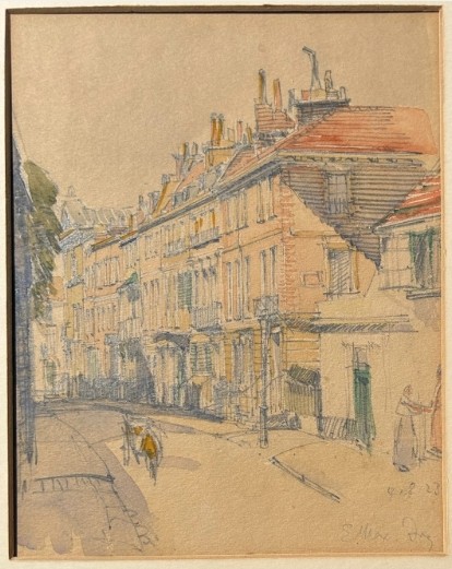 An architectural watercolour painting on beige paper depicting a curving street lined with multi-storey brick and timber buildings, rendered in muted ochre and grey tones. View IV