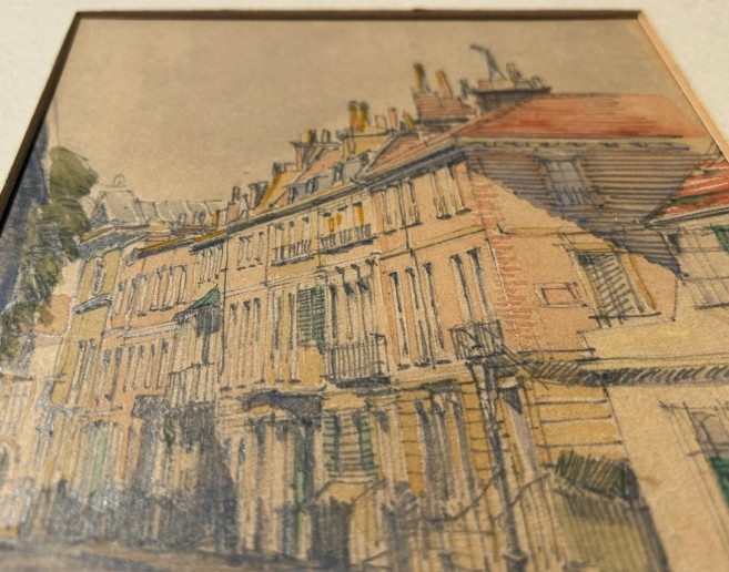An architectural watercolour painting on beige paper depicting a curving street lined with multi-storey brick and timber buildings, rendered in muted ochre and grey tones. View V