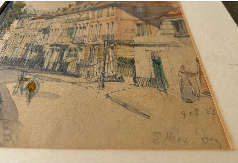 An architectural watercolour painting on beige paper depicting a curving street lined with multi-storey brick and timber buildings, rendered in muted ochre and grey tones. View VI
