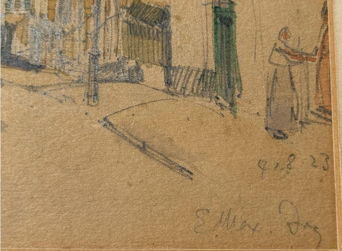 An architectural watercolour painting on beige paper depicting a curving street lined with multi-storey brick and timber buildings, rendered in muted ochre and grey tones. View VII