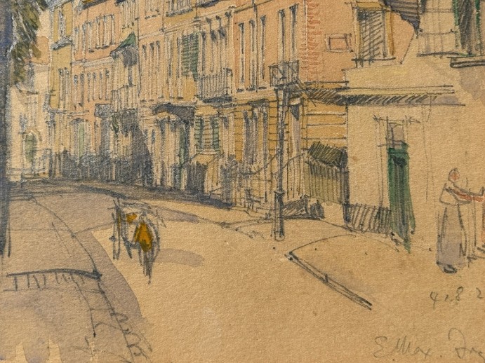 An architectural watercolour painting on beige paper depicting a curving street lined with multi-storey brick and timber buildings, rendered in muted ochre and grey tones. View VIII