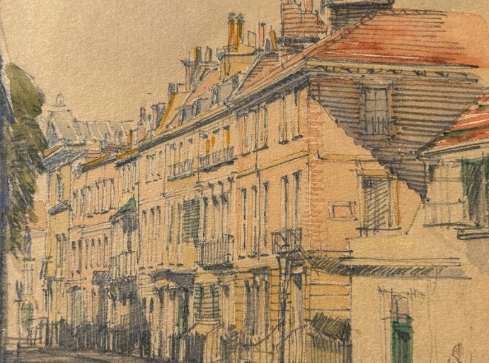 An architectural watercolour painting on beige paper depicting a curving street lined with multi-storey brick and timber buildings, rendered in muted ochre and grey tones. View IX