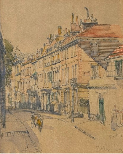An architectural watercolour painting on beige paper depicting a curving street lined with multi-storey brick and timber buildings, rendered in muted ochre and grey tones. View X