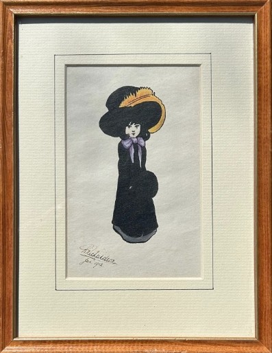 Framed early twentieth-century watercolour and ink illustration depicting a young girl in a large black feathered hat and purple bow, signed Richardson 1912.