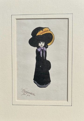 Framed early twentieth-century watercolour and ink illustration depicting a young girl in a large black feathered hat and purple bow, signed Richardson 1912. View II