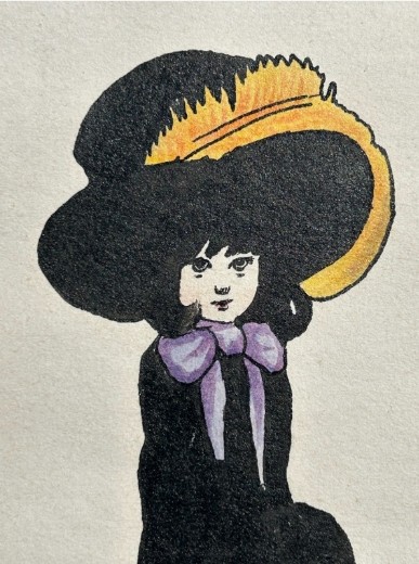 Framed early twentieth-century watercolour and ink illustration depicting a young girl in a large black feathered hat and purple bow, signed Richardson 1912. View III