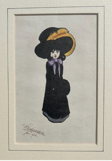Framed early twentieth-century watercolour and ink illustration depicting a young girl in a large black feathered hat and purple bow, signed Richardson 1912. View IV
