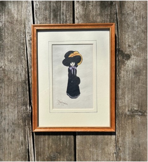Framed early twentieth-century watercolour and ink illustration depicting a young girl in a large black feathered hat and purple bow, signed Richardson 1912. View V