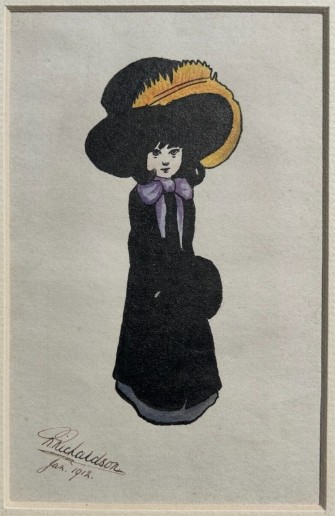 Framed early twentieth-century watercolour and ink illustration depicting a young girl in a large black feathered hat and purple bow, signed Richardson 1912. View VI