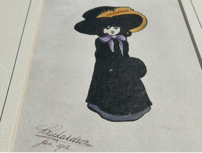 Framed early twentieth-century watercolour and ink illustration depicting a young girl in a large black feathered hat and purple bow, signed Richardson 1912. View VII
