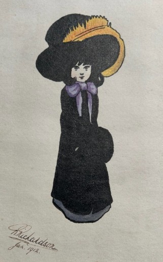 Framed early twentieth-century watercolour and ink illustration depicting a young girl in a large black feathered hat and purple bow, signed Richardson 1912. View VIII