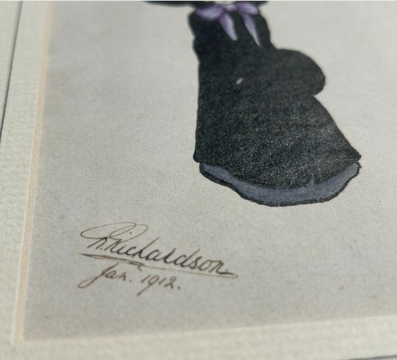 Framed early twentieth-century watercolour and ink illustration depicting a young girl in a large black feathered hat and purple bow, signed Richardson 1912. View IX