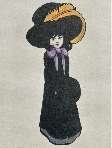 Framed early twentieth-century watercolour and ink illustration depicting a young girl in a large black feathered hat and purple bow, signed Richardson 1912. View X