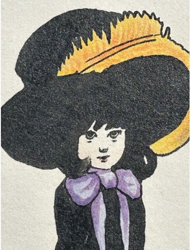 Framed early twentieth-century watercolour and ink illustration depicting a young girl in a large black feathered hat and purple bow, signed Richardson 1912. View XI