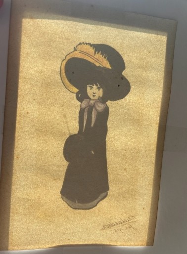 Framed early twentieth-century watercolour and ink illustration depicting a young girl in a large black feathered hat and purple bow, signed Richardson 1912. View XIII