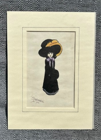 Framed early twentieth-century watercolour and ink illustration depicting a young girl in a large black feathered hat and purple bow, signed Richardson 1912. View XIV