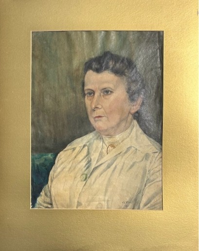 An original 1921 gouache and watercolour portrait painting of a woman in a cream blouse set against a muted green background. View IV