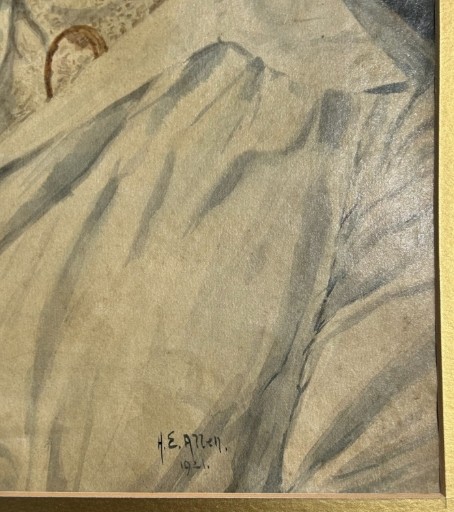 An original 1921 gouache and watercolour portrait painting of a woman in a cream blouse set against a muted green background. View VII