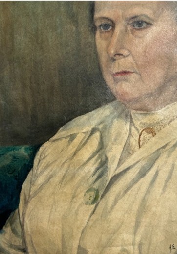 An original 1921 gouache and watercolour portrait painting of a woman in a cream blouse set against a muted green background. View IX